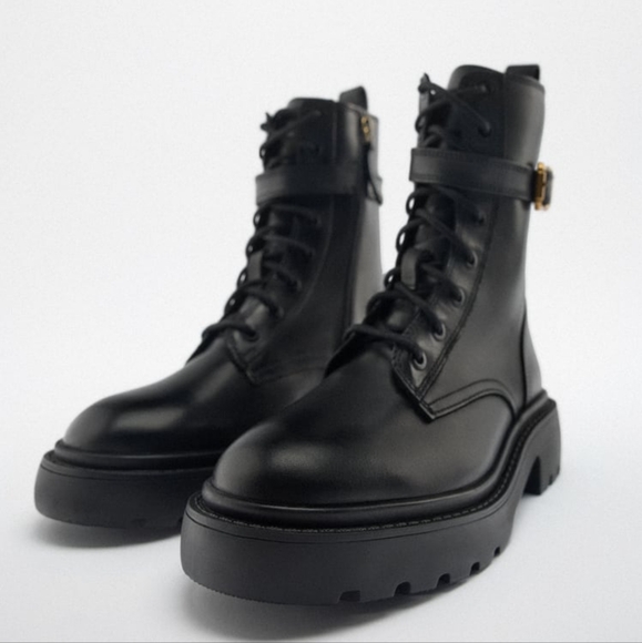 New Zara laced up leather ankle boots with buckle chunky sole - Picture 4 of 10
